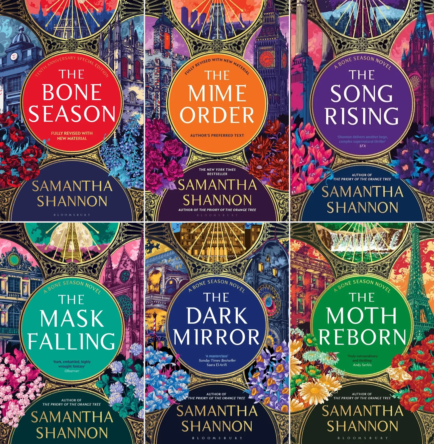 The Bone Season series, Books 1–6, in Bloomsbury's in their 2023-4 revised covers for all the books in the series