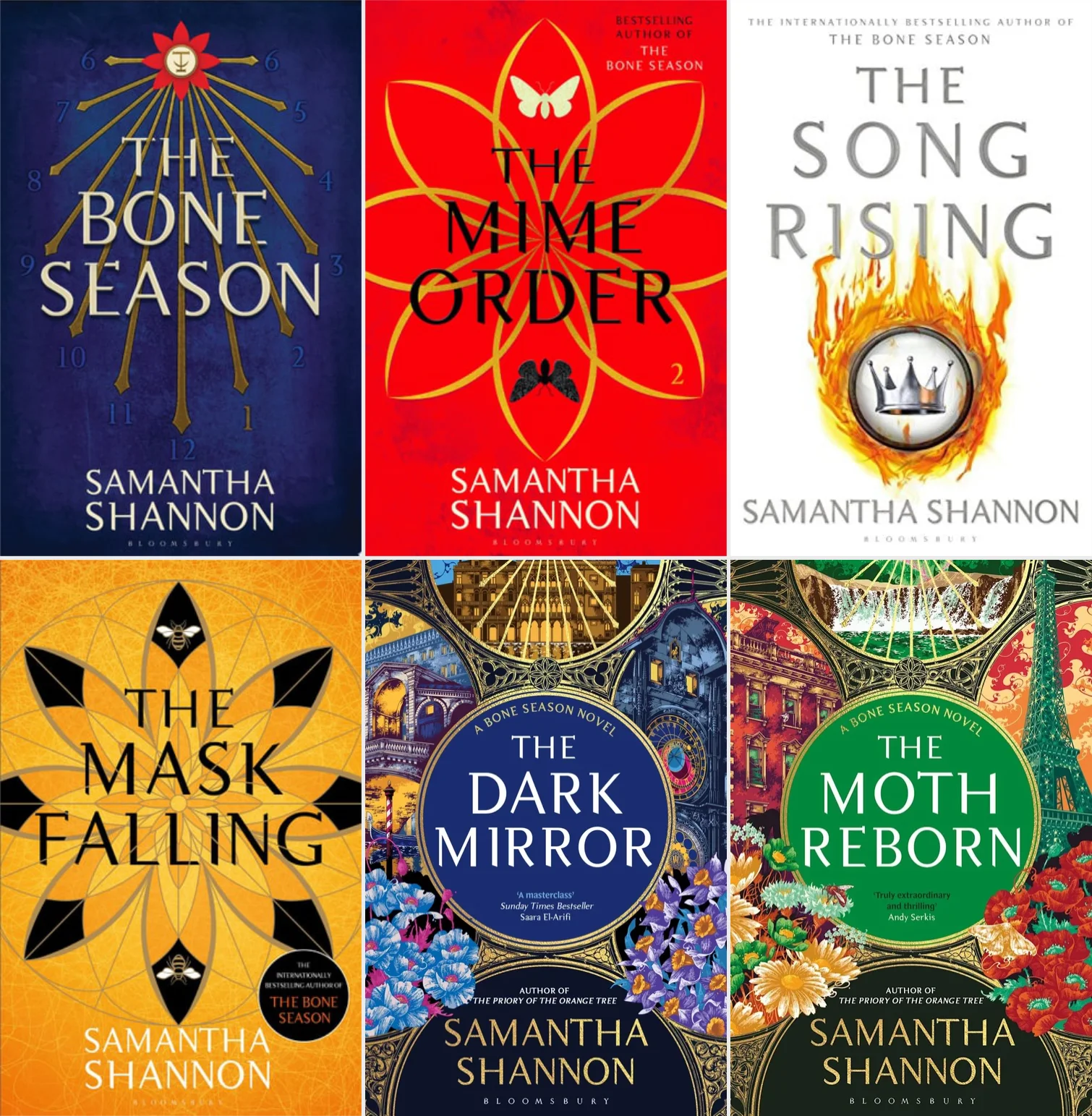 The Bone Season first editions, Books 1–5, at their original first-printing artwork, book 6 with pre-publication artwork
