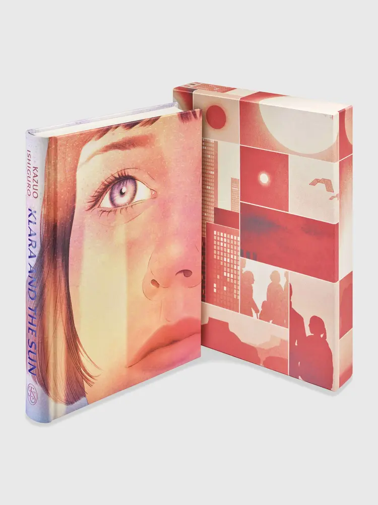 The Folio Society's 2025 illustrated edition of Klara and the Sun, illustrated by Isabel Seliger: the bound volume showing Klara's face on the printed boards, beside its printed slipcase