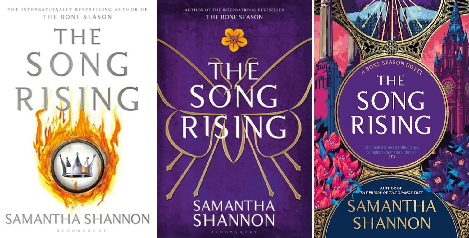 The three main covers for The Song Rising; the white first edition, the purple collector's edition and finally the 2024 redesign