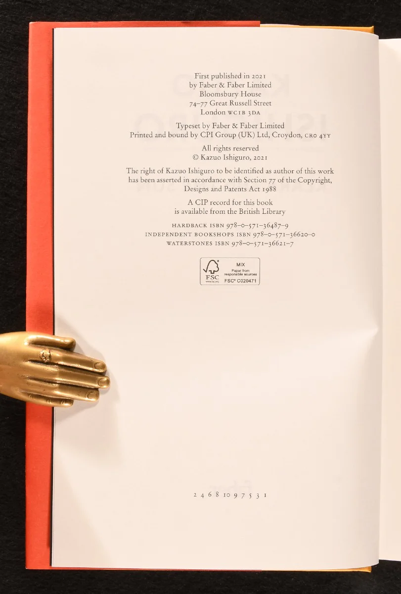 The copyright page of a UK first printing of Klara and the Sun: published by Faber & Faber in 2021, printed by CPI Group (UK) Ltd of Croydon, with three separate ISBN lines — HARDBACK 978-0-571-36487-9, INDEPENDENT BOOKSHOPS 978-0-571-36620-0 and WATERSTONES 978-0-571-36621-7 — and the first-printing number line 2 4 6 8 10 9 7 5 3 1 at the foot of the page