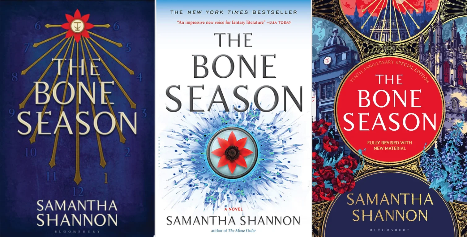 The three main cover designs for The Bone Series; the original dark blue sundials, the minimalist 2015 re-release, and the 2023 redesign