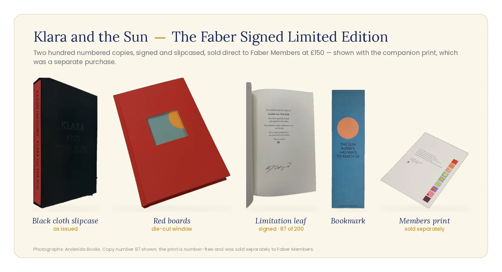 The Faber signed limited edition as issued: black cloth slipcase, red boards with the die-cut window revealing the sun on the endpaper, the signed limitation leaf numbered 87 of 200, the bookmark, and the Faber Members print that was sold separately