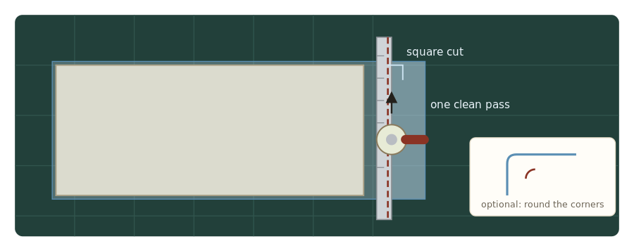 Trim surplus film against the rule, square to the grid — and, if you like, ease the outer corners so nothing snags.